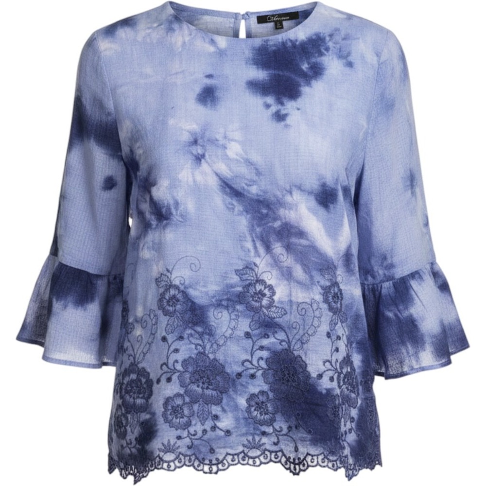 (CL) Caleoas‎ Womens XL Tie Dye Floral Embroidered Eyelet Hem Top Blue Purple